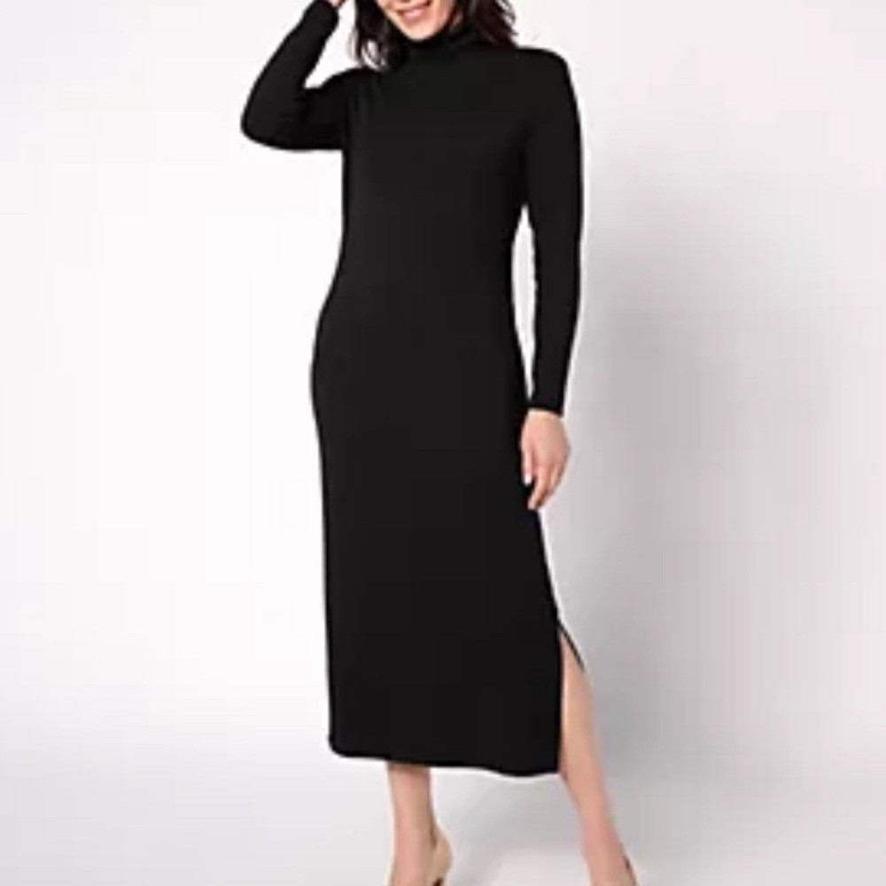 Women With Control Finespun Jersey Turtleneck Midi Dress Black Shapewear M
